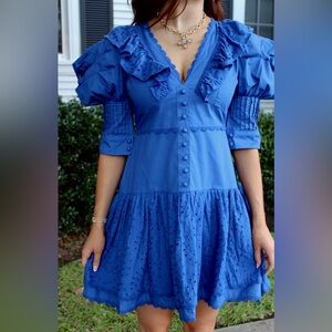 NWT JardinVue Blue Eyelet Mini Dress - Puff Sleeve Lace Boho Chic - Size M